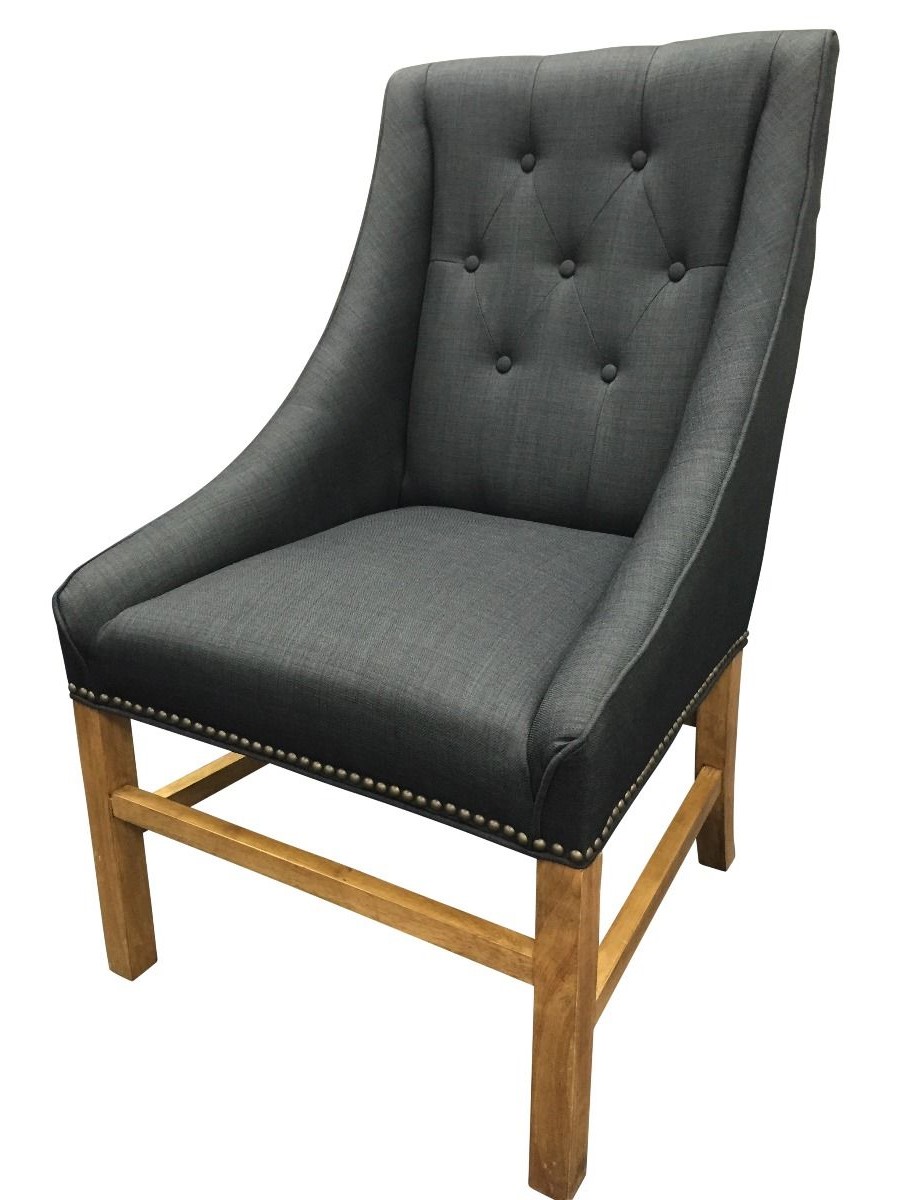 "Hudson" Hampton Style Linen Fabric Upholstered Dining Chair Wings Studs, Black (RRP $599)