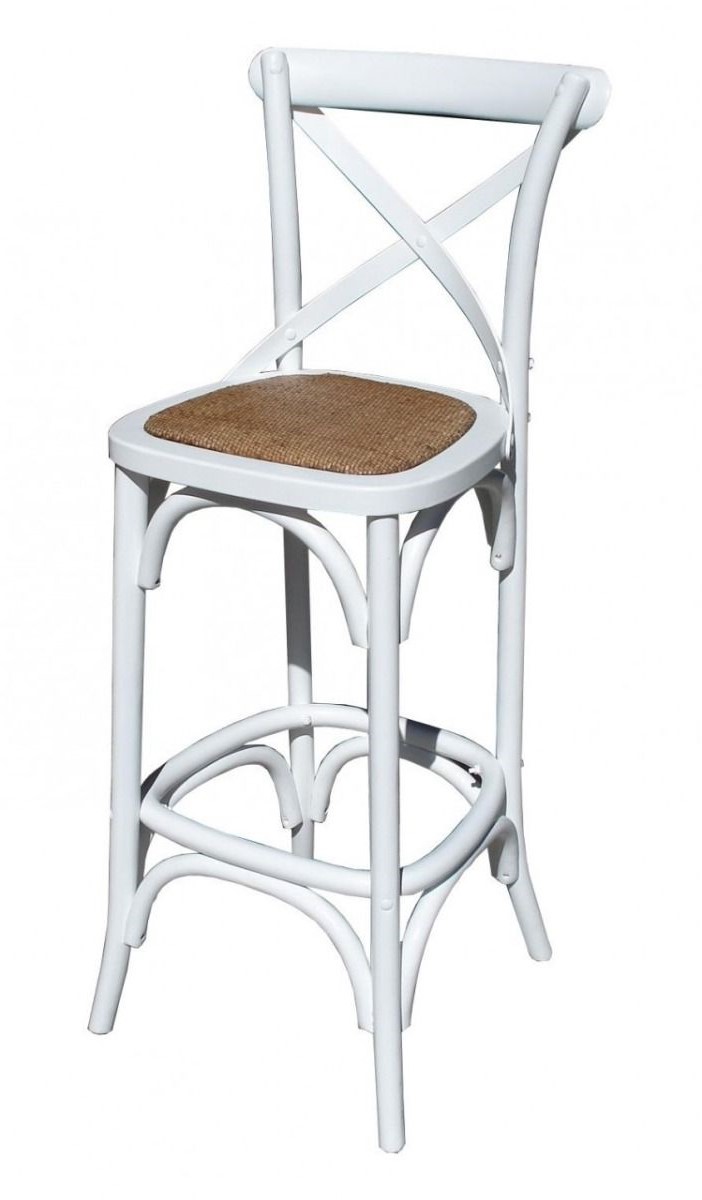 "Noosaville" Hamptons Timber Rattan Counter Kitchen Bar Stool Seat Cross Back Vivid White, 42cmL x 42cmD x 100cmH; Seat Height 65cm (RRP $349)