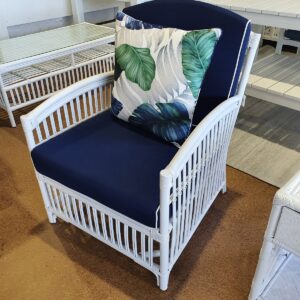 wp-image-tigress-34307.jpg "Alfresco" Armchair Rattan Lounge in White with Navy Cushions White Piping, 82cmL x 68cmW x 86cmH (RRP $799)