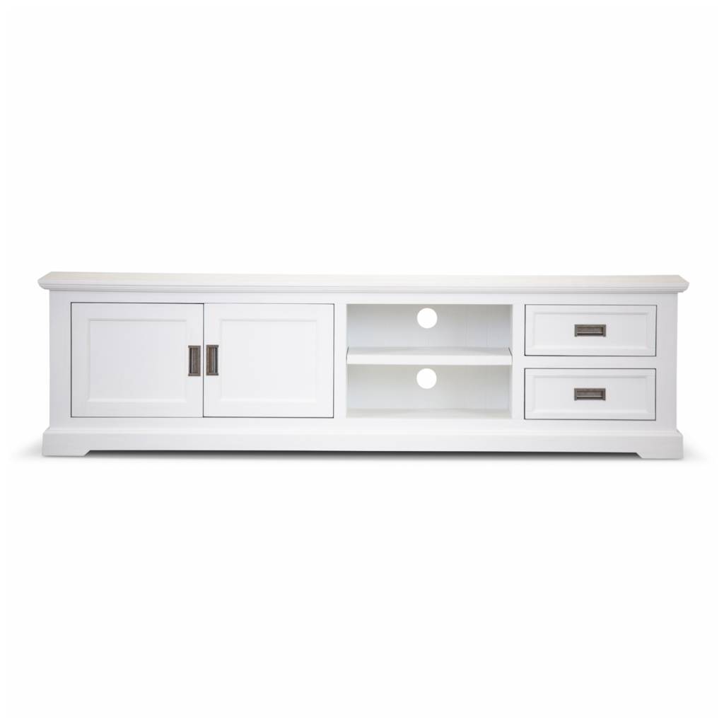 "Cove" Hamptons Style TV Unit 2 Door, 2 Drawers, Brushed White, 220cmW x 45cmD x 60cmH (RRP $1499)