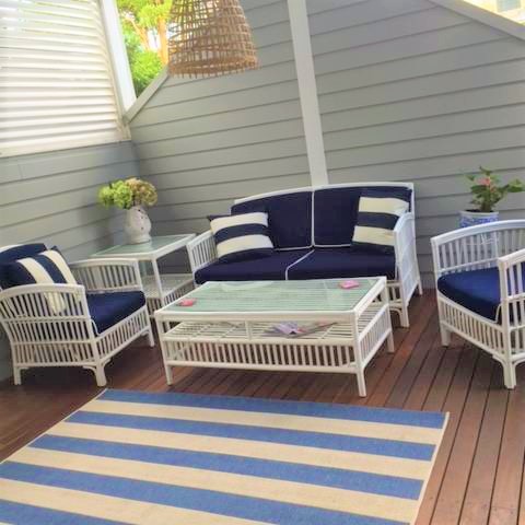 "Alfresco" Hamptons Style Lounge Package 2.5 Seater, 2 x Armchairs & Coffee Table White Rattan, Navy Blue Cushions (RRP $3499) - Image 6