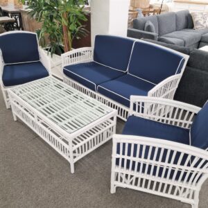 wp-image-tigress-35563.jpg "Alfresco" Hamptons Style Lounge Package 2.5 Seater, 2 x Armchairs & Coffee Table White Rattan, Navy Blue Cushions (RRP $3499)