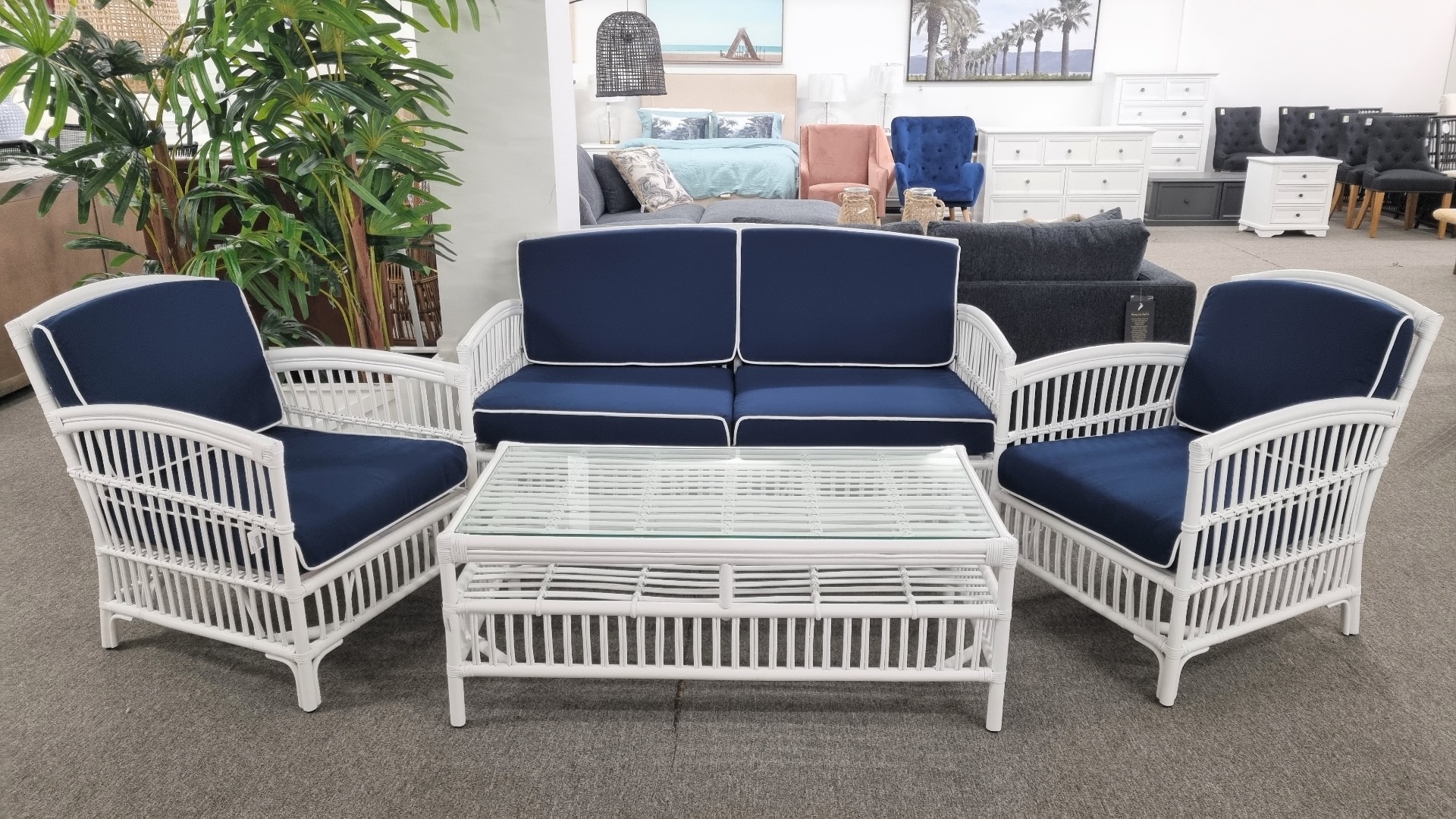 "Alfresco" Hamptons Style Lounge Package 2.5 Seater, 2 x Armchairs & Coffee Table White Rattan, Navy Blue Cushions (RRP $3499) - Image 2