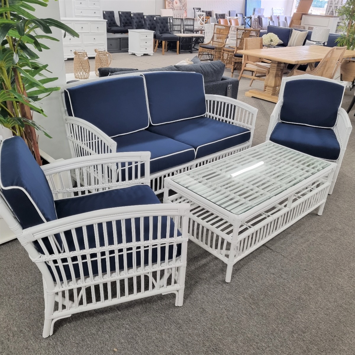 "Alfresco" Hamptons Style Lounge Package 2.5 Seater, 2 x Armchairs & Coffee Table White Rattan, Navy Blue Cushions (RRP $3499) - Image 3