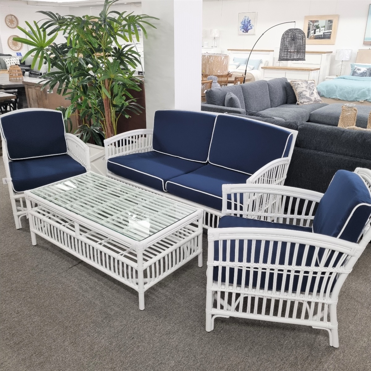 "Alfresco" Hamptons Style Lounge Package 2.5 Seater, 2 x Armchairs & Coffee Table White Rattan, Navy Blue Cushions (RRP $3499) - Image 5