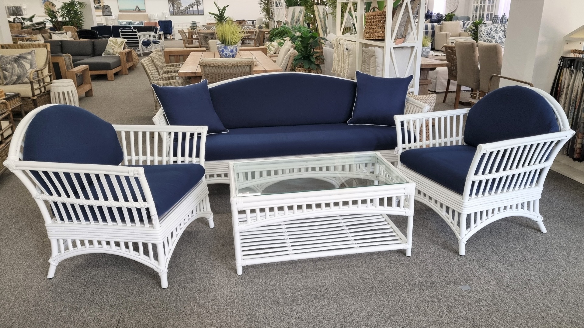 "Airlie" Hamptons Style Alfresco 4 Piece Rattan Lounge Package, 3 Seater Lounge, 2 x Armchairs & Coffee Table, White with Navy Blue(RRP $4999) - Image 2
