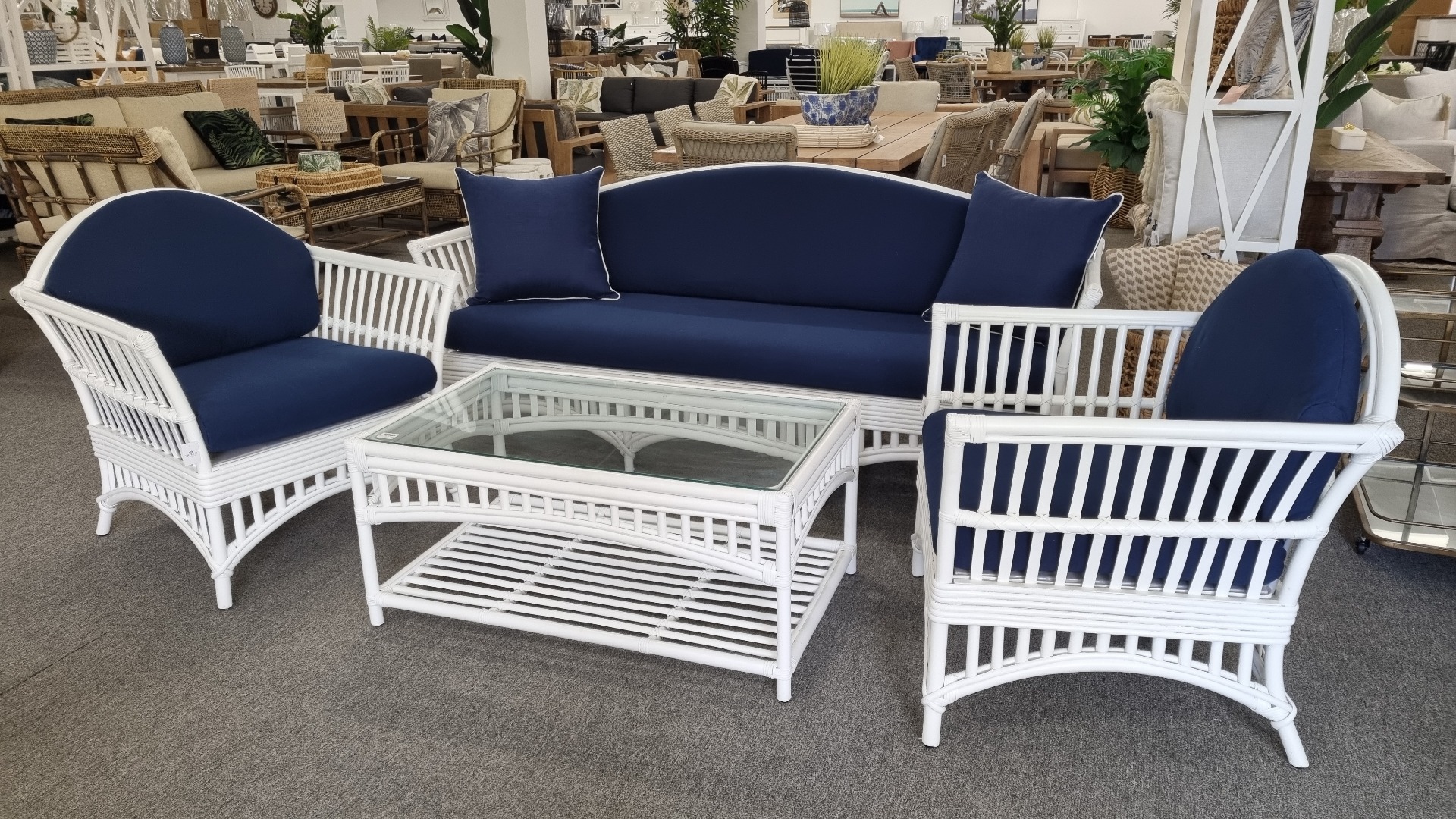 "Airlie" Hamptons Style Alfresco 4 Piece Rattan Lounge Package, 3 Seater Lounge, 2 x Armchairs & Coffee Table, White with Navy Blue(RRP $4999) - Image 3