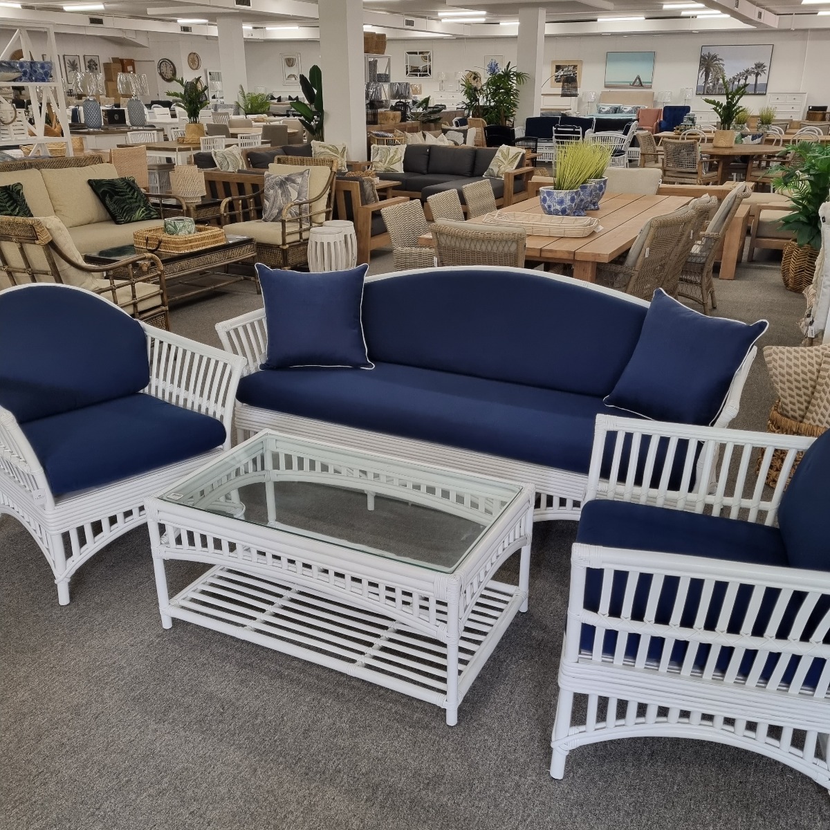"Airlie" Hamptons Style Alfresco 4 Piece Rattan Lounge Package, 3 Seater Lounge, 2 x Armchairs & Coffee Table, White with Navy Blue(RRP $4999) - Image 4