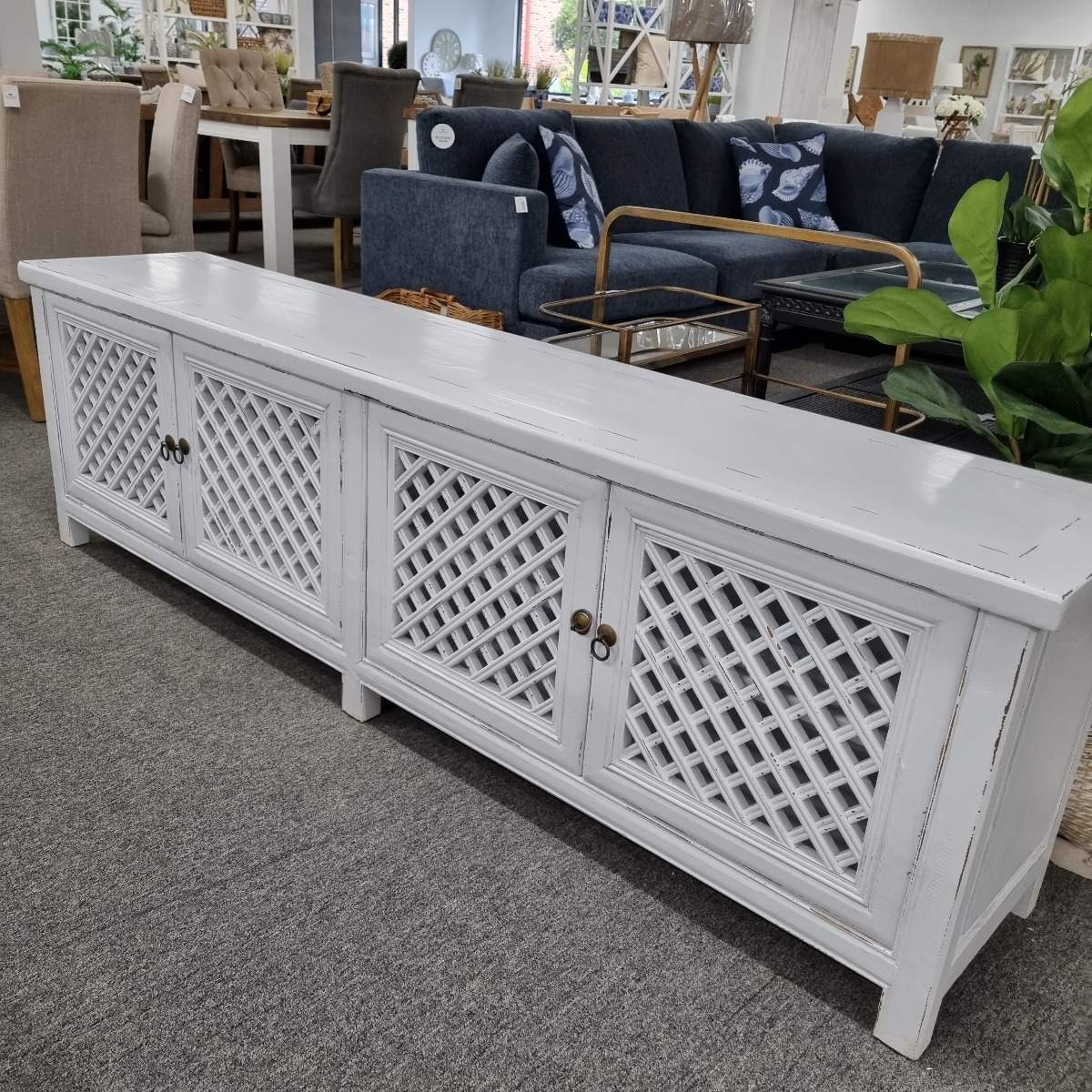 MID YEAR SALE!! "St Barts" Hamptons Style 4 Door TV Unit Recycled Elm with Lattice Doors White, 200cm x 40cm x 58cmH (RRP $2499) - Image 2