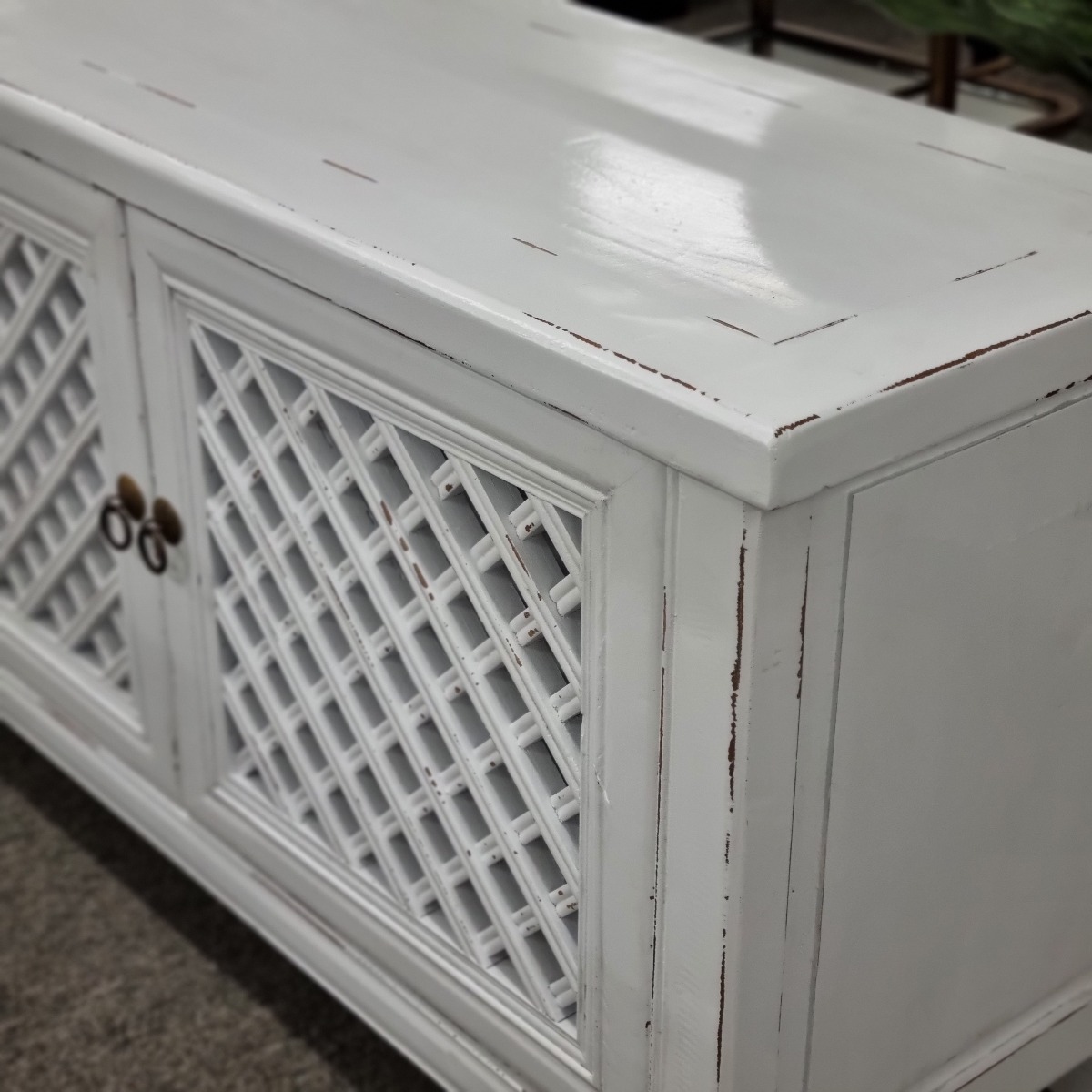 MID YEAR SALE!! "St Barts" Hamptons Style 4 Door TV Unit Recycled Elm with Lattice Doors White, 200cm x 40cm x 58cmH (RRP $2499) - Image 3
