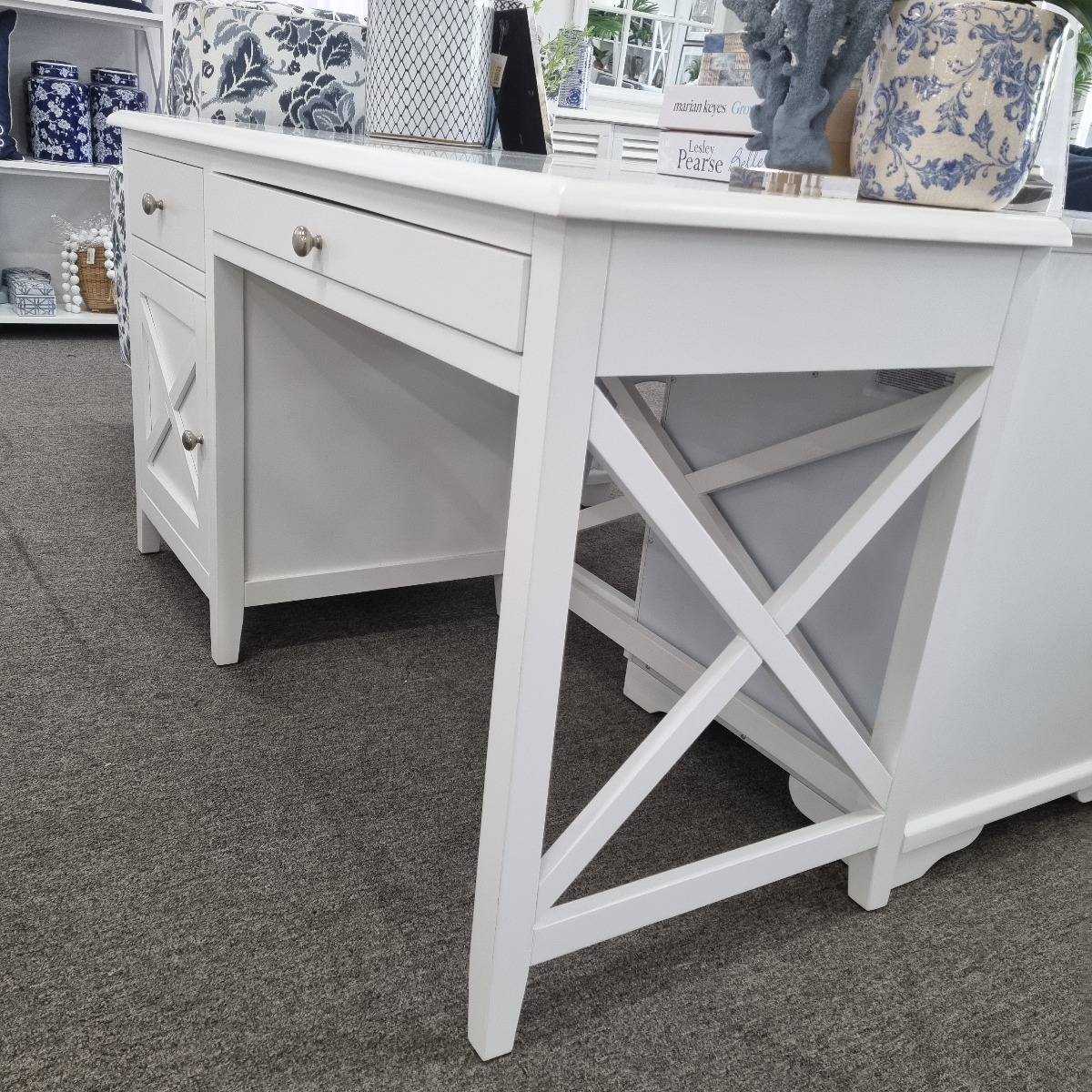 "Montauk" Hamptons Style Timber Desk 1 Door & 2 Drawers White, 140cmWx55cmDx76cmH (RRP $1199) - Image 2