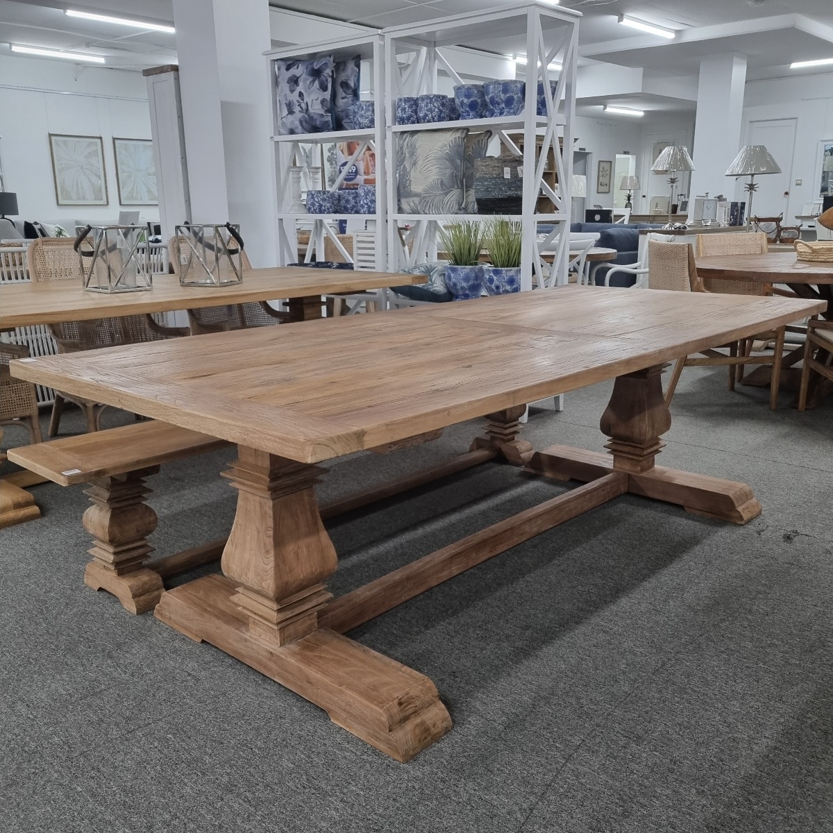 "Madrid" Hamptons Style Timber Dining Table with Pedestal Base Recycled Elm, 245cmL x 110cmD x 76cmH (RRP $3499)