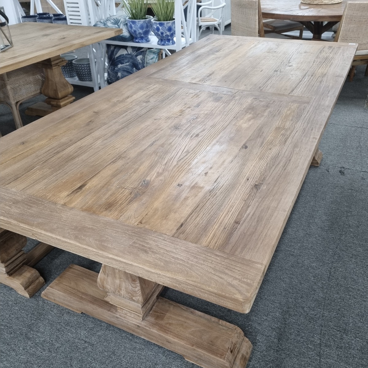 "Madrid" Hamptons Style Timber Dining Table with Pedestal Base Recycled Elm, 245cmL x 110cmD x 76cmH (RRP $3499) - Image 2
