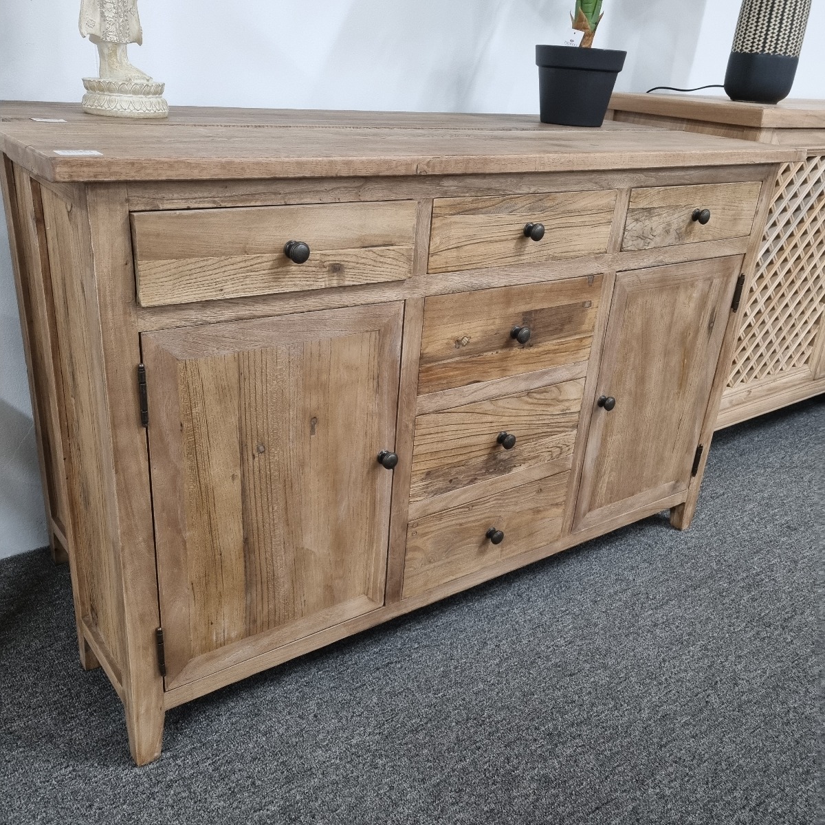 "St Lucia" Recycled Elm Timber 2 Drawer 6 Door Buffet Natural, 130cmW x 28cmD x 80cmH - Image 2