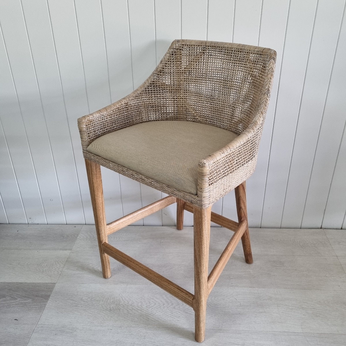 "Coral Bay" Hampton Style Rattan Kitchen Counter Barstool Greywash , Mindi Timber Legs (RRP $499)