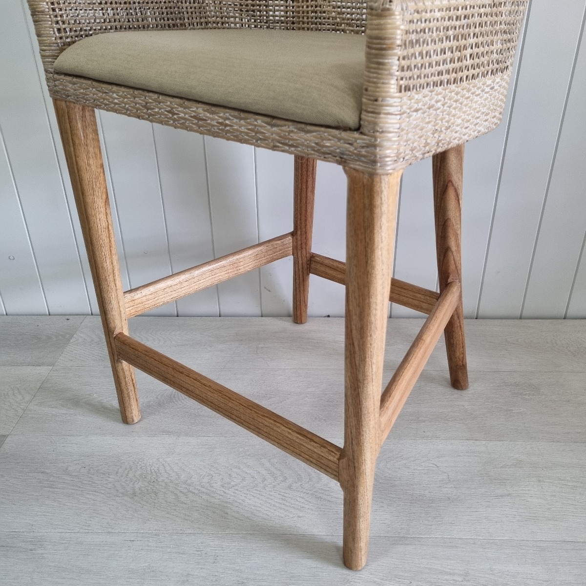 "Coral Bay" Hampton Style Rattan Kitchen Counter Barstool Greywash , Mindi Timber Legs (RRP $499) - Image 3
