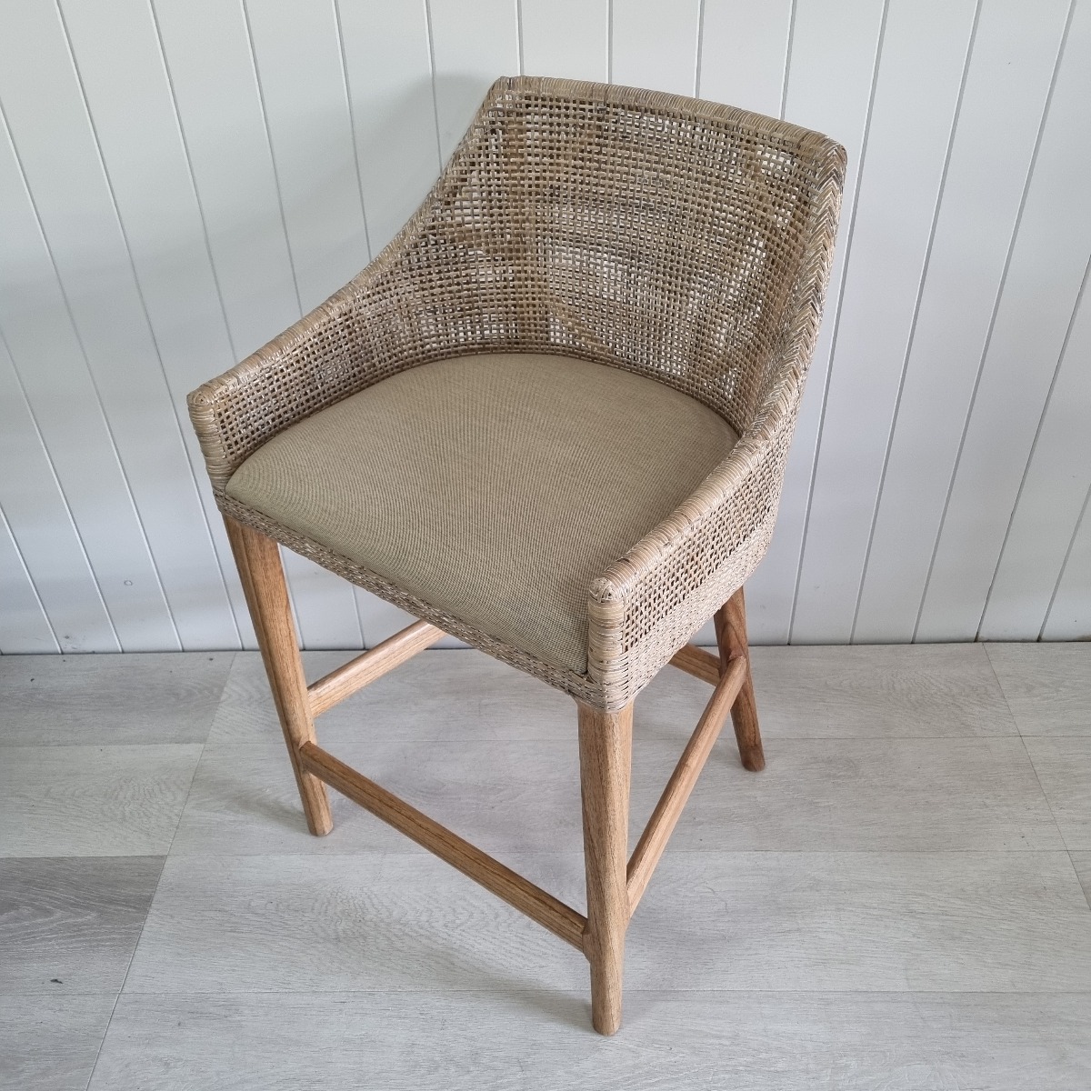 "Coral Bay" Hampton Style Rattan Kitchen Counter Barstool Greywash , Mindi Timber Legs (RRP $499) - Image 4