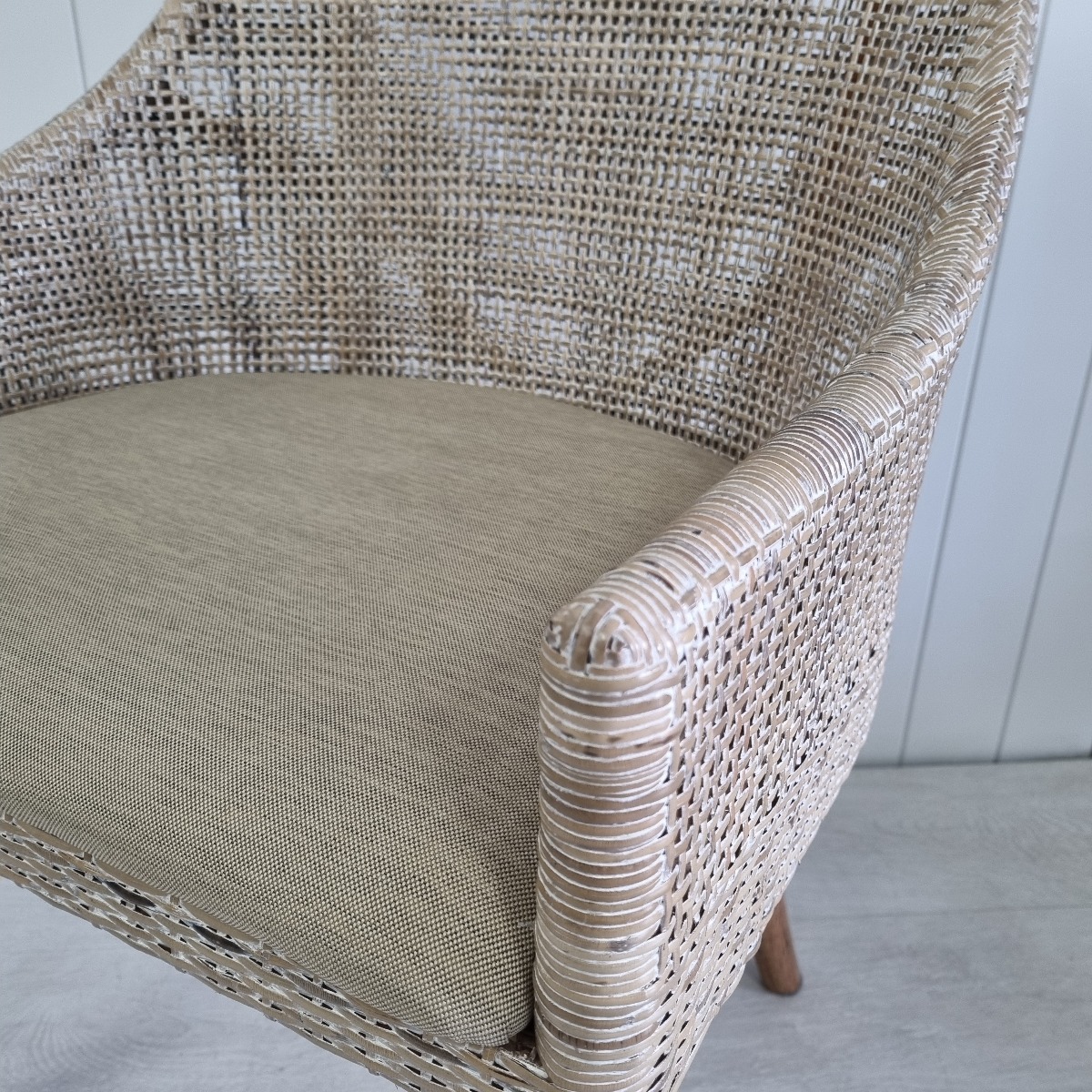 "Coral Bay" Hamptons Style Rattan Dining Chair, Greywash with Mindi Timber Legs (RRP $449) - Image 2