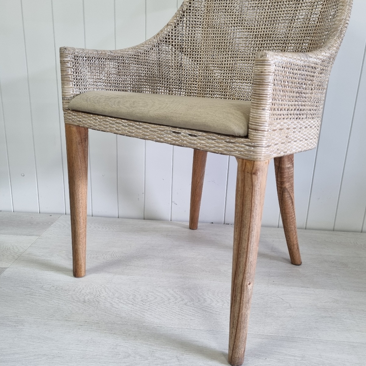 "Coral Bay" Hamptons Style Rattan Dining Chair, Greywash with Mindi Timber Legs (RRP $449) - Image 3