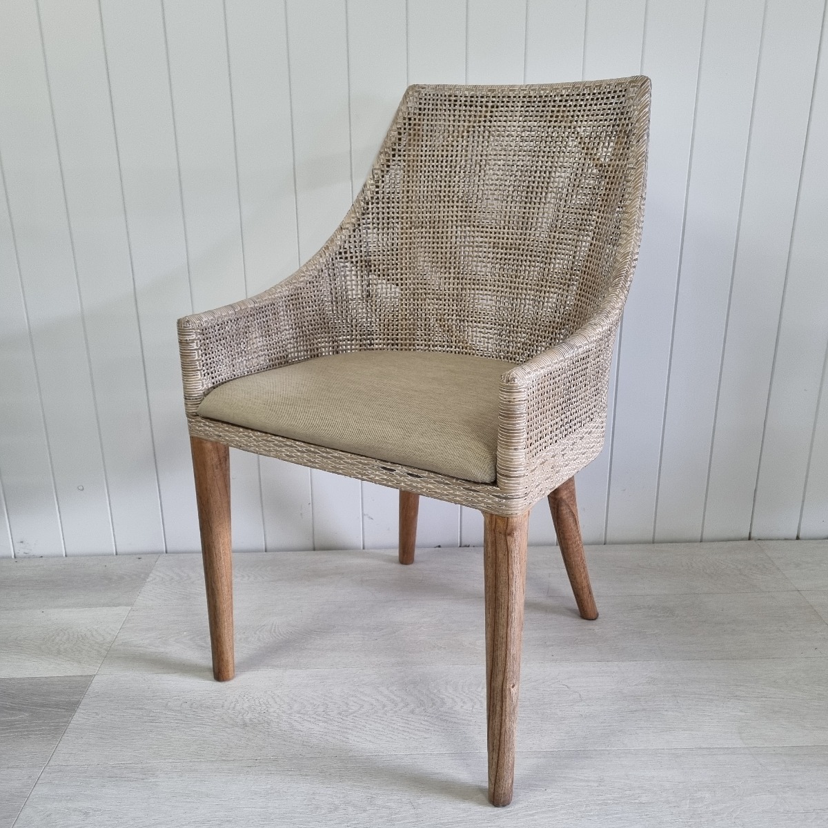 "Coral Bay" Hamptons Style Rattan Dining Chair, Greywash with Mindi Timber Legs (RRP $449) - Image 4