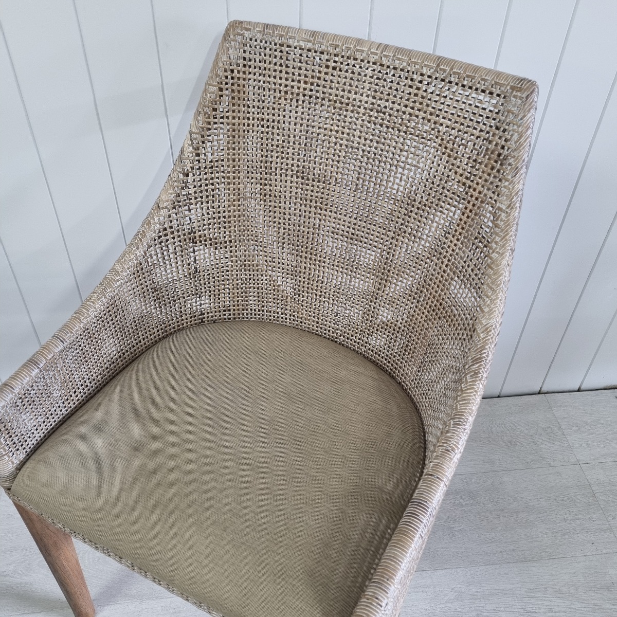 "Coral Bay" Hamptons Style Rattan Dining Chair, Greywash with Mindi Timber Legs (RRP $449) - Image 5