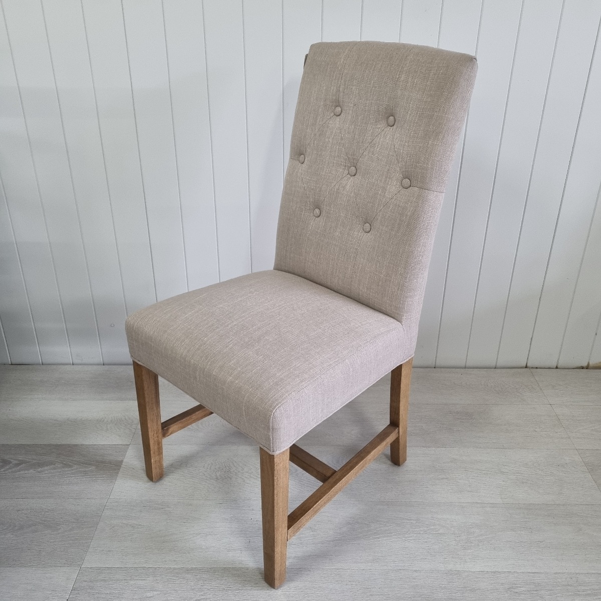 "Tiffany" Hamptons Style Buttoned Dining Chair, Linen with Natural Timber Legs (RRP $399)