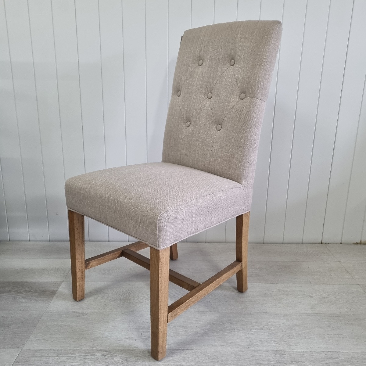 "Tiffany" Hamptons Style Buttoned Dining Chair, Linen with Natural Timber Legs (RRP $399) - Image 5