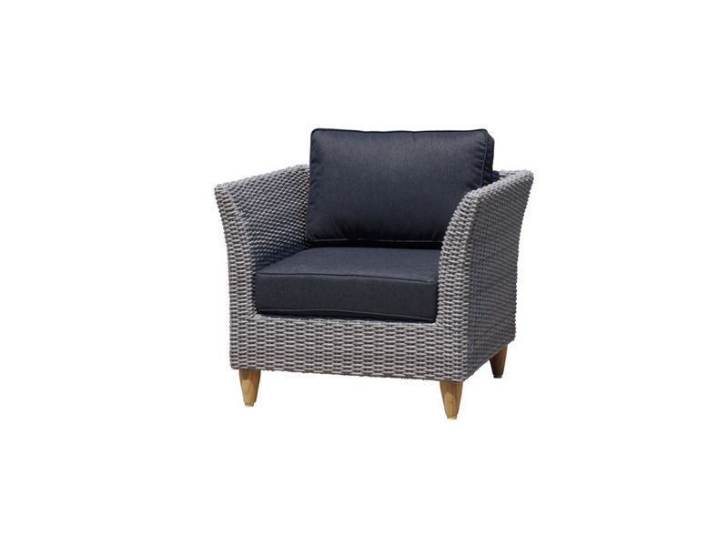 "Tahiti" Hamptons Style Outdoor Wicker Armchair in Brushed Grey with Denim Cushions - Image 2