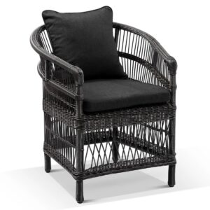 "Malawi" Hamptons Style Outdoor Wicker & Aluminum Dining Chair, Charcoal (Dark Grey) Wicker with Denim Grey Cushions