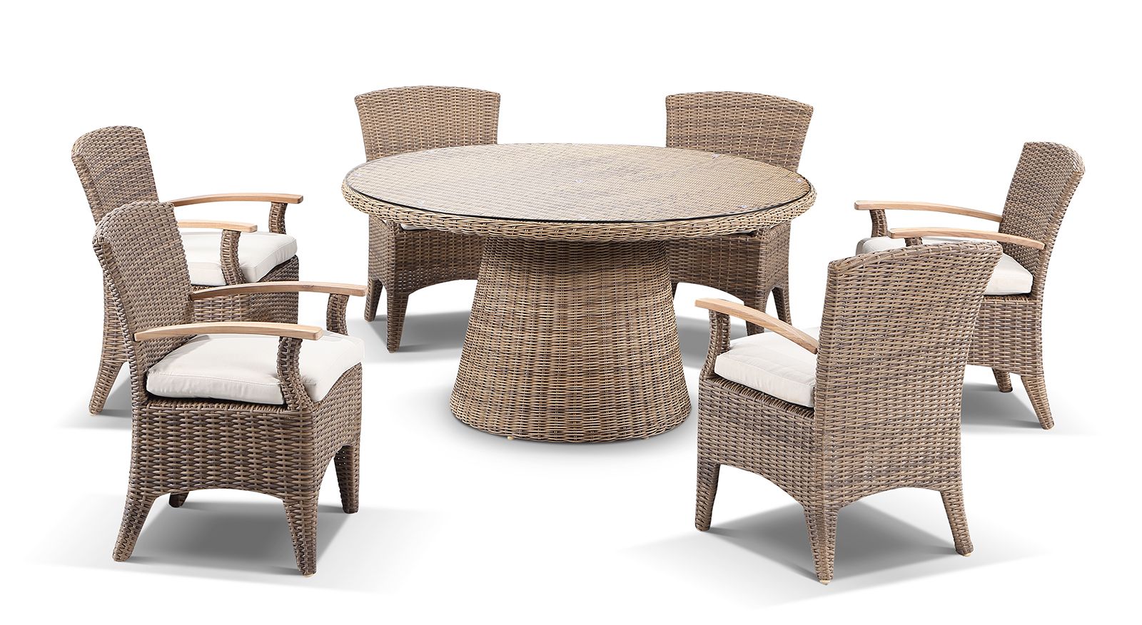 "Seychelles" Hamptons Style Outdoor Wicker Dining Setting with 1.5m Round Table & 6 Coastal Chairs (RRP $4499)
