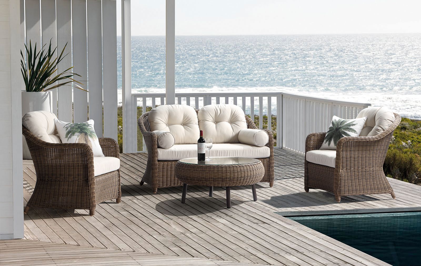 "Seychelles" Hamptons Style Outdoor Wicker Lounge Setting 2+1+1 with Coffee Table, Brushed Wheat (RRP $3999) - Image 5