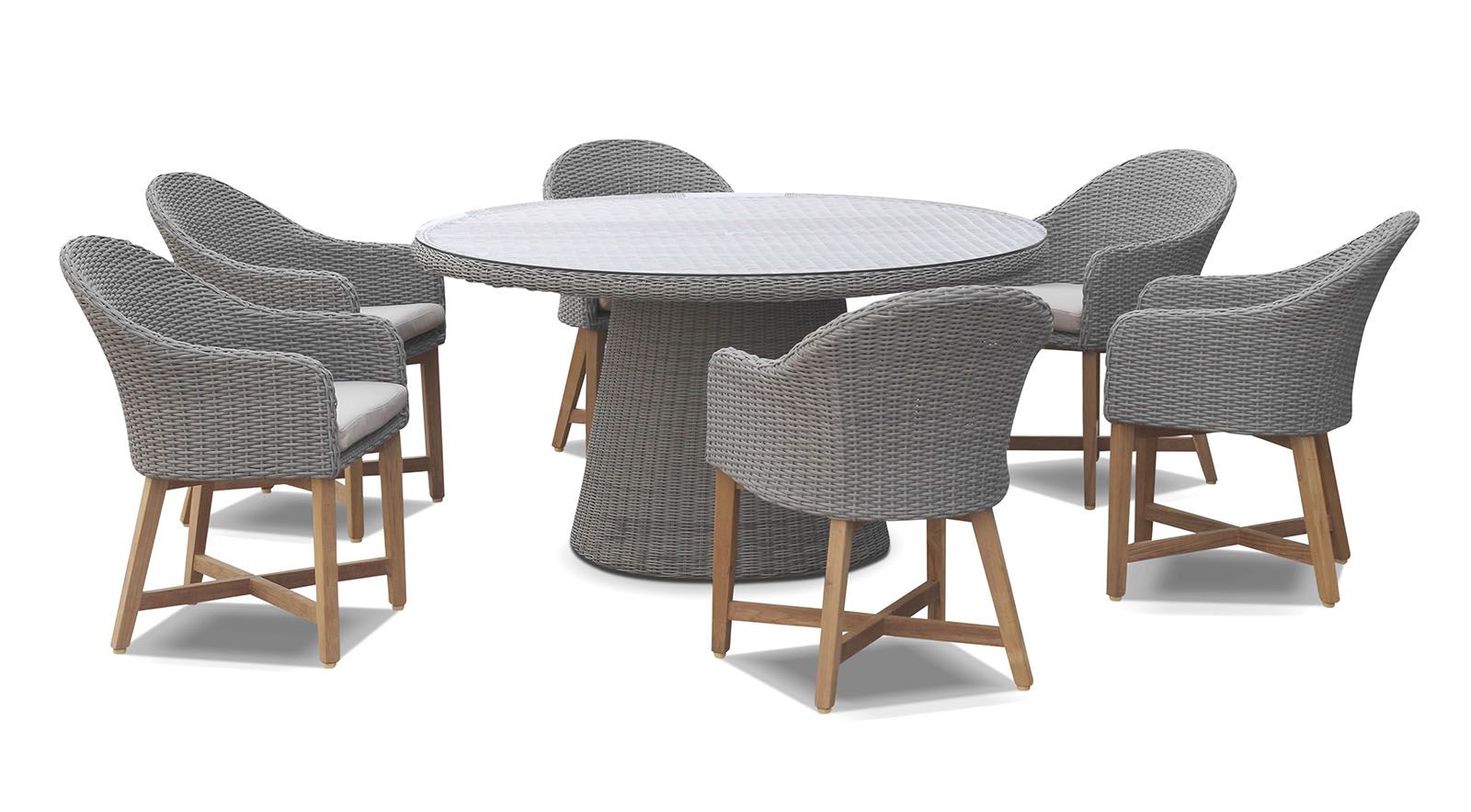 "Seychelles" Hamptons Style Outdoor Dining Setting 150cm Table with 6 Malibu Chairs, Brushed Grey (RRP $4999)
