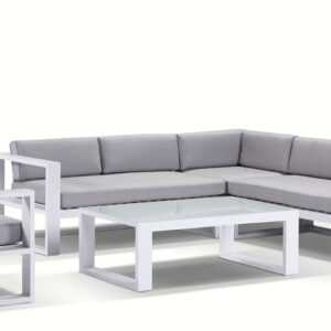 "Hawaii" Hamptons Style Outdoor Modular Lounge Setting with Coffee Table & Armchair, White with Olefin Grey Cushions (RRP $4999)