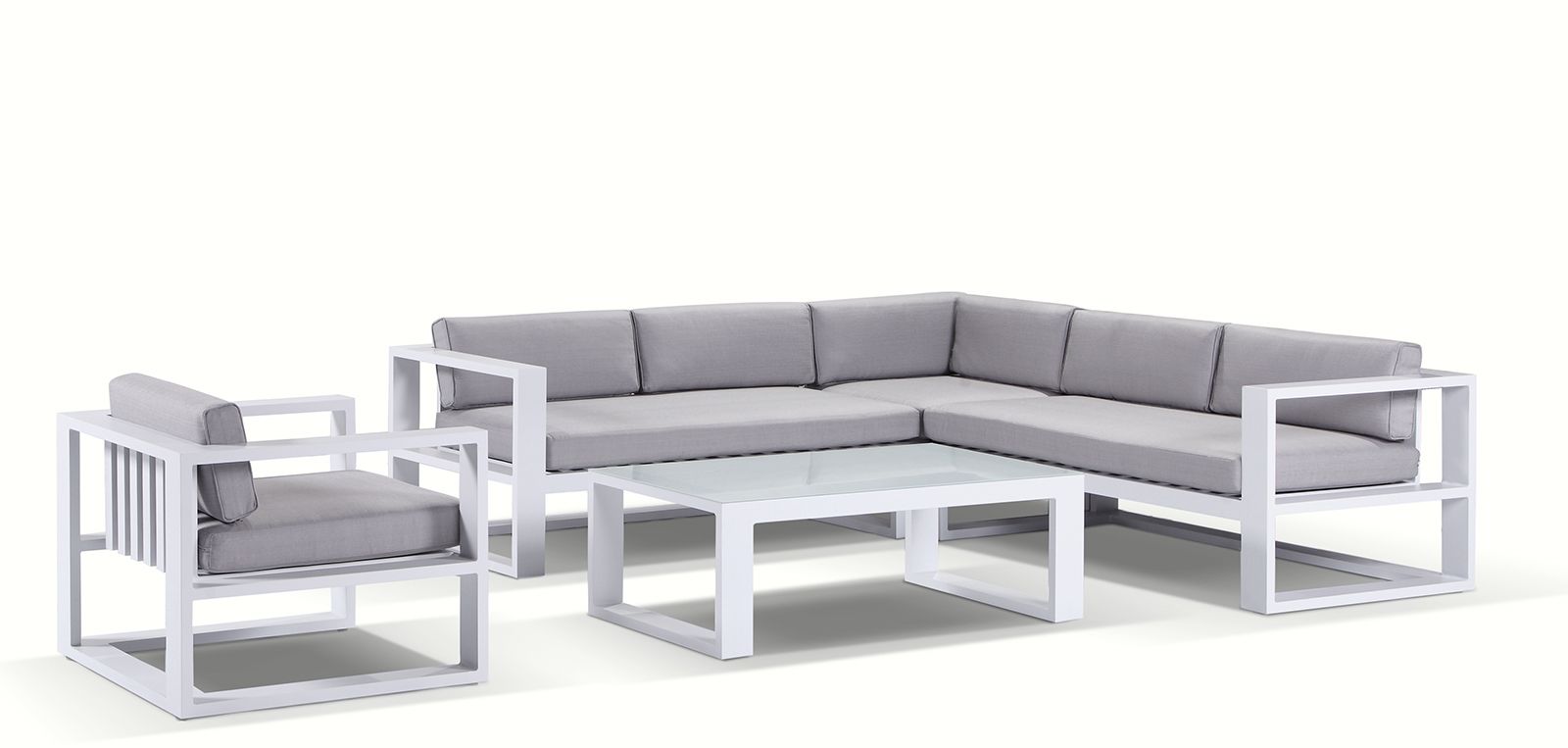 "Hawaii" Hamptons Style Outdoor Modular Lounge Setting with Coffee Table & Armchair, White with Olefin Grey Cushions (RRP $4999)