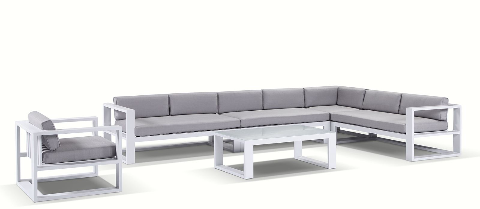 "Hawaii" Hamptons Style Outdoor Corner Lounge Setting with 1 Seater & Coffee Table in White with Grey Cushions