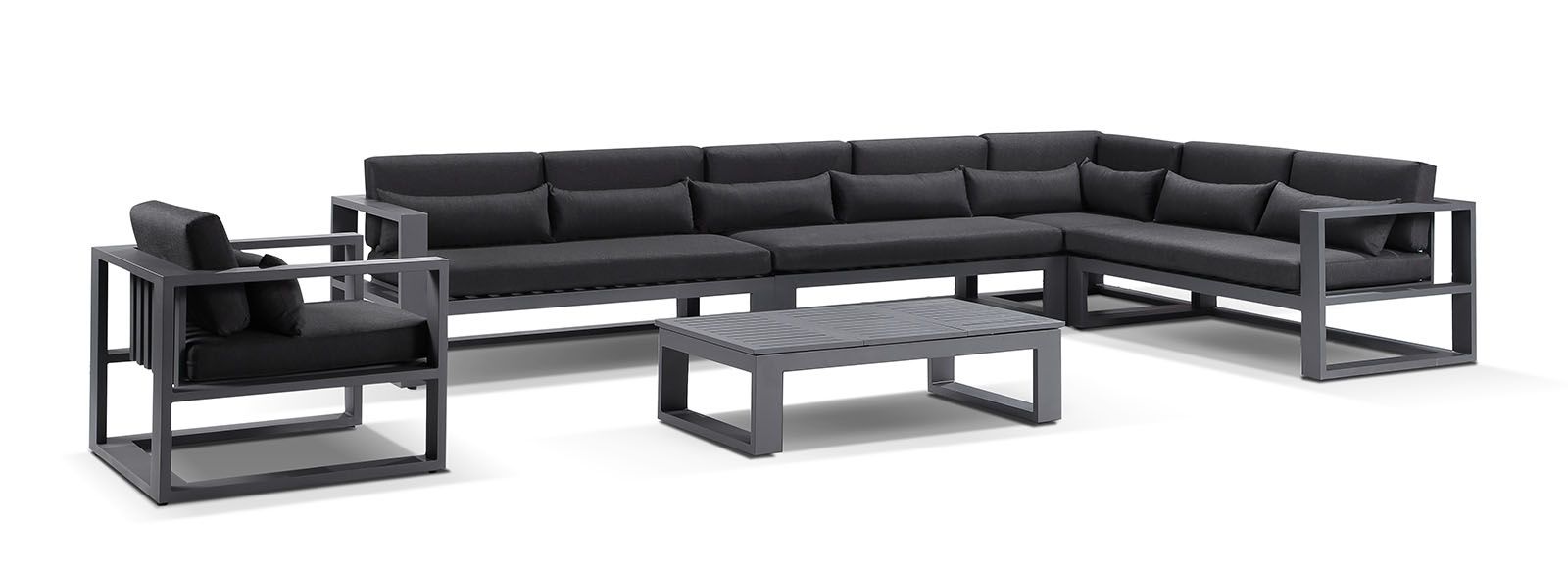 "Hawaii" Hamptons Style Outdoor Corner Lounge Setting with 1 Seater & Coffee Table in Grey with Denim Cushions