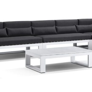"Hawaii" Hamptons Style Outdoor Corner Lounge Setting with 1 Seater & Coffee Table in White with Denim Cushions