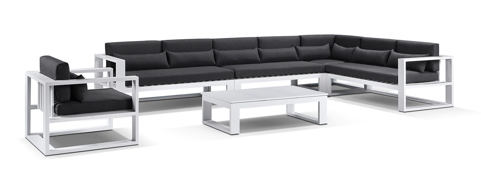 "Hawaii" Hamptons Style Outdoor Corner Lounge Setting with 1 Seater & Coffee Table in White with Denim Cushions