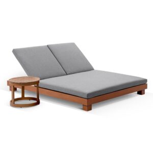 wp-image-tigress-36703.jpg "Hawaii" Hamptons Style Double Aluminium Sun Lounge in Teak Look with Sunbrella Cushion & Round Side Table