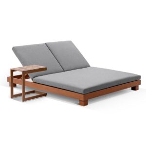 wp-image-tigress-36709.jpg "Hawaii" Hamptons Style Double Aluminium Sun Lounge in Teak Look with Sunbrella Cushion & Slide Under Side Table