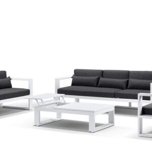 "Hawaii" Hamptons Style Outdoor Setting with 3, 2 & 1 Seater Lounges & Coffee Table in White with Denim Grey Cushions