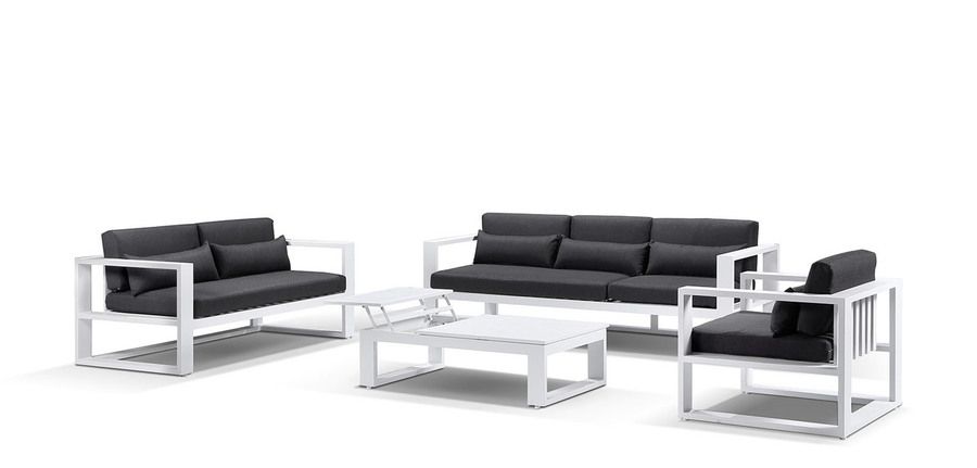 "Hawaii" Hamptons Style Outdoor Setting with 3, 2 & 1 Seater Lounges & Coffee Table in White with Denim Grey Cushions