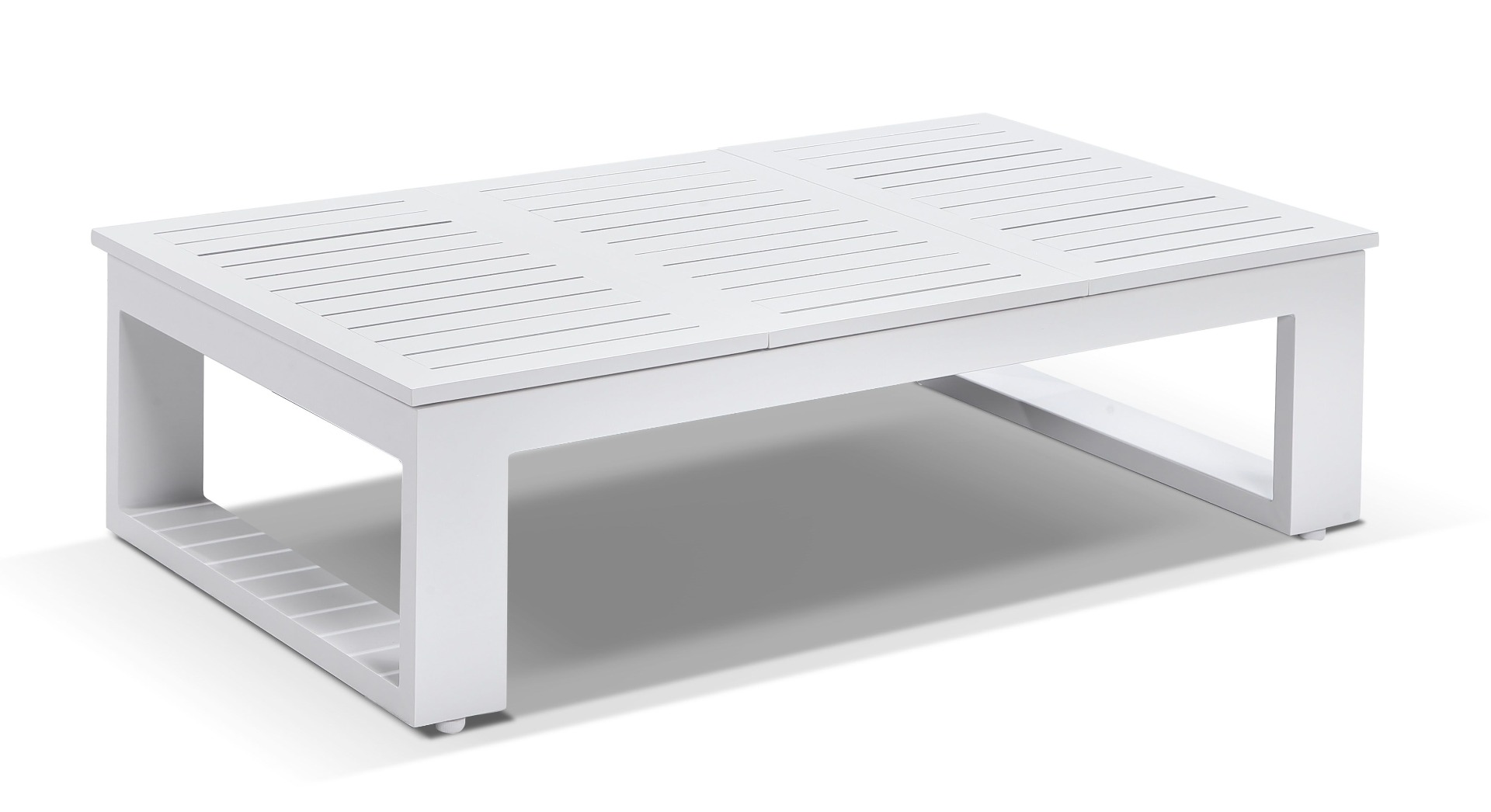 "Hawaii" Hamptons Style Outdoor Setting with 3, 2 & 1 Seater Lounges & Coffee Table in White with Denim Grey Cushions - Image 3