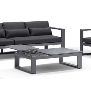 "Hawaii" Hamptons Style Outdoor Setting with 3, 2 & 1 Seater Lounges & Coffee Table in Charcoal with Denim Grey Cushions