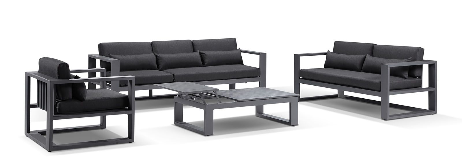 "Hawaii" Hamptons Style Outdoor Setting with 3, 2 & 1 Seater Lounges & Coffee Table in Charcoal with Denim Grey Cushions