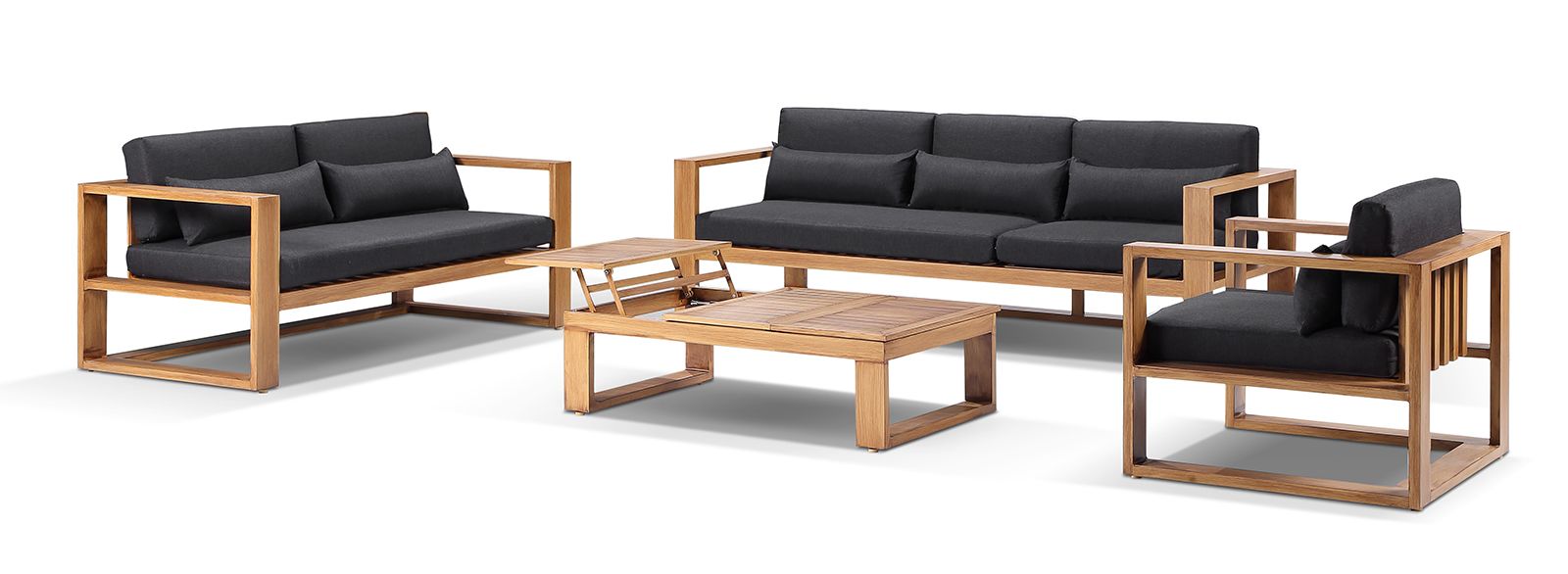 "Hawaii" Hamptons Style Aluminium Outdoor Setting with 3, 2 & 1 Seater Lounges & Coffee Table in Teak with Denim Grey Cushions