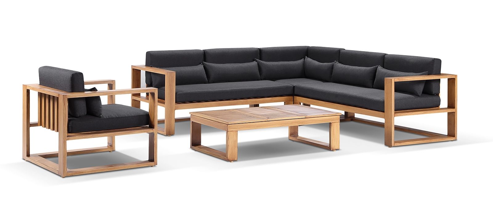 "Hawaii" Hamptons Style Aluminium Outdoor Modular Lounge Setting with Coffee Table & 1 Seater in Teak with Denim Grey Cushions