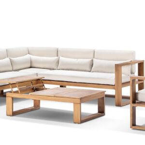 wp-image-tigress-36777.jpg "Hawaii" Hamptons Style Aluminium Outdoor Modular Lounge Setting with Coffee Table & 1 Seater in Teak with Cream Cushions