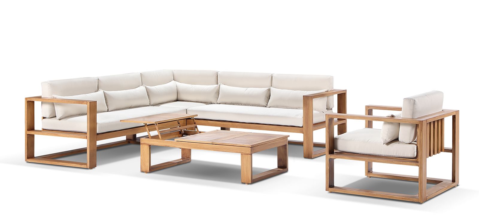 "Hawaii" Hamptons Style Aluminium Outdoor Modular Lounge Setting with Coffee Table & 1 Seater in Teak with Cream Cushions
