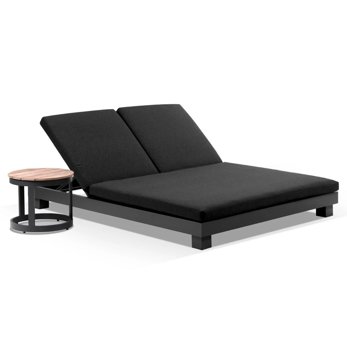 "Hawaii" Hamptons Style Double Aluminium Sun Lounge in Charcoal with Denim Grey Cushion & Round Side Table